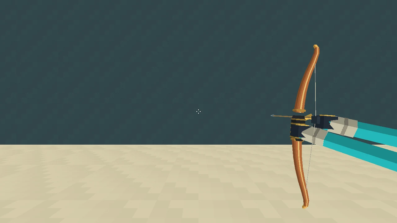 Previous first-person bow ready pose, with a large upright bow and outstretched arms on the right.