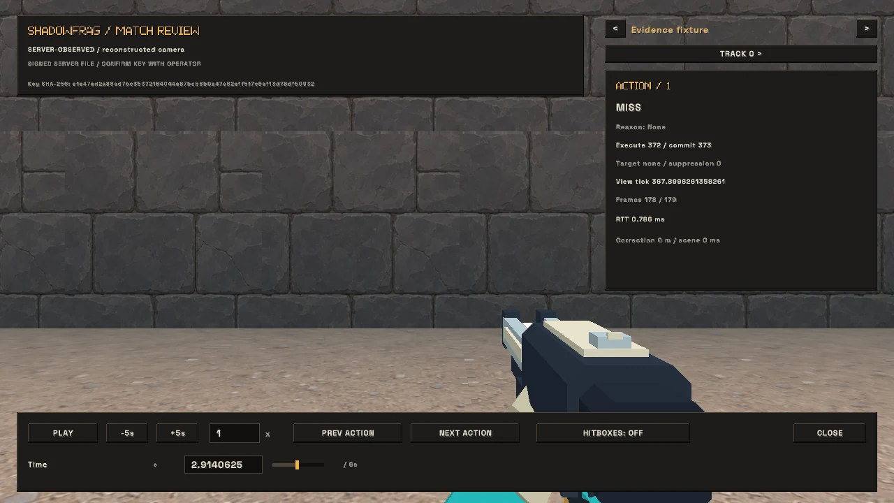Native SHADOWFRAG replay view with a first-person scene, timeline, action list and evidence inspector.