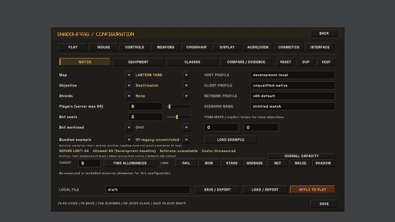 SHADOWFRAG match builder with map, objective, equipment policy and a limit of 64 players including bots.