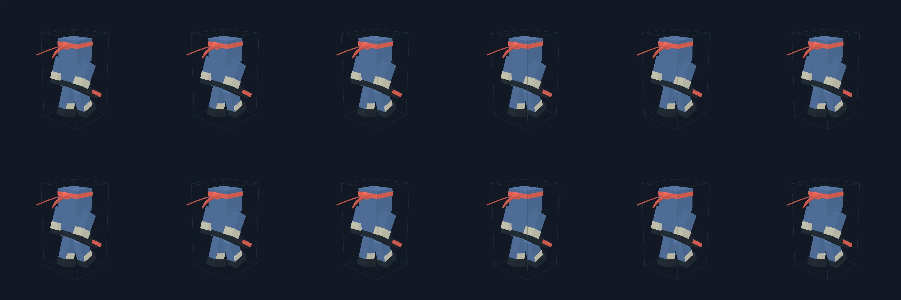 Two rows of six early ninja poses; the model stays upright across the sampled double-jump phases.