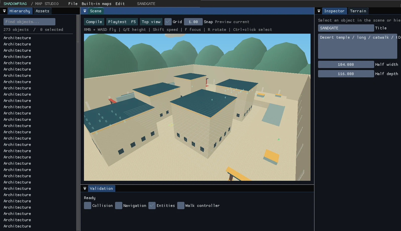 Early Map Studio showing a desert map with hierarchy, inspector and a docked scene viewport.