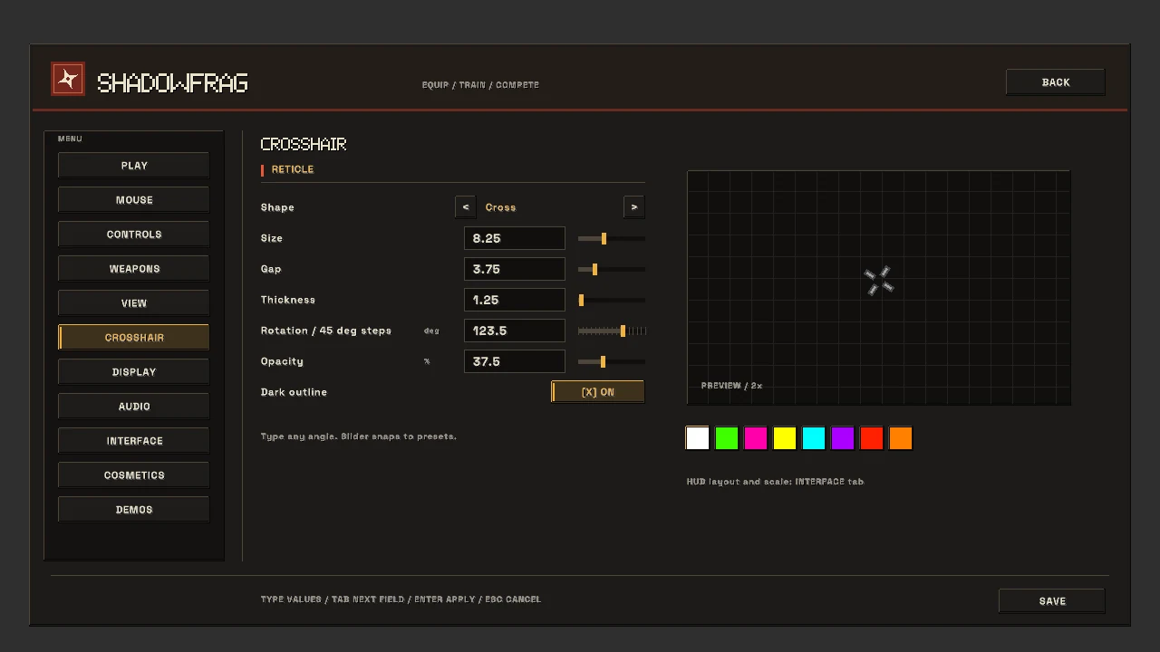 Later gold crosshair settings with vertical navigation, grouped controls, color swatches and a preview.