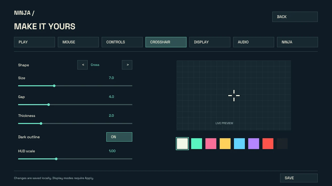 Early turquoise crosshair settings with horizontal navigation tabs and a large grid preview.