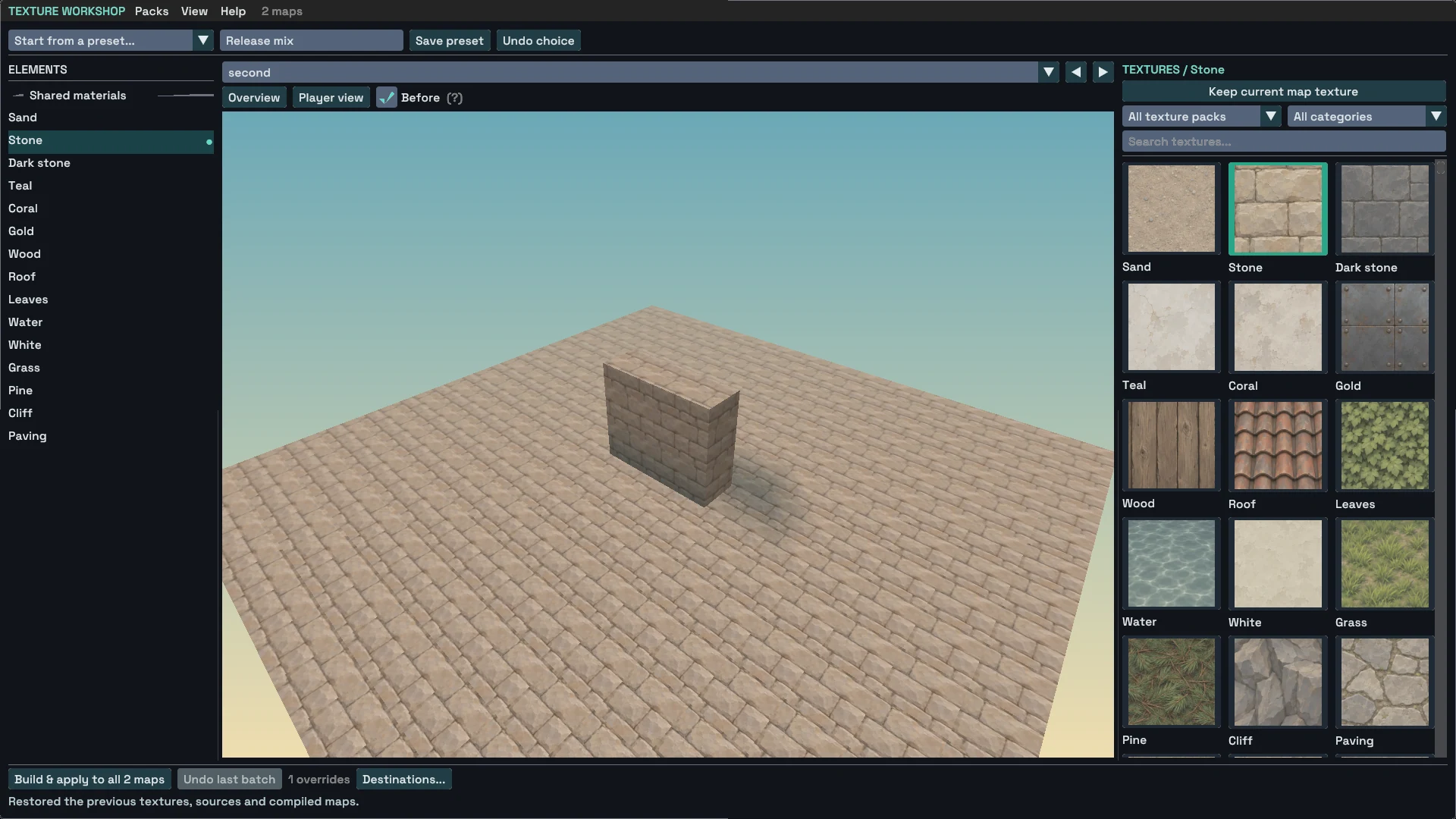 Later texture workshop with a small wall scene, material categories and a grid of texture thumbnails.