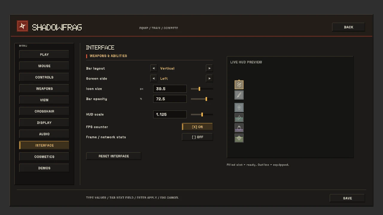 SHADOWFRAG interface settings showing bar layout, HUD scale and live preview controls.