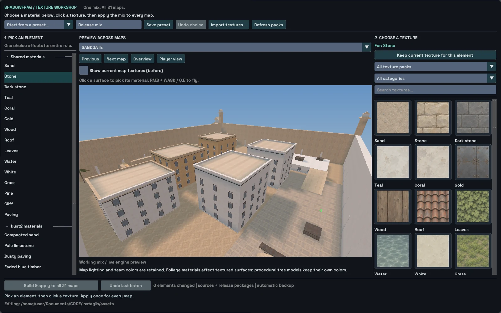 Texture workshop with the original material library and a desert-city map preview.