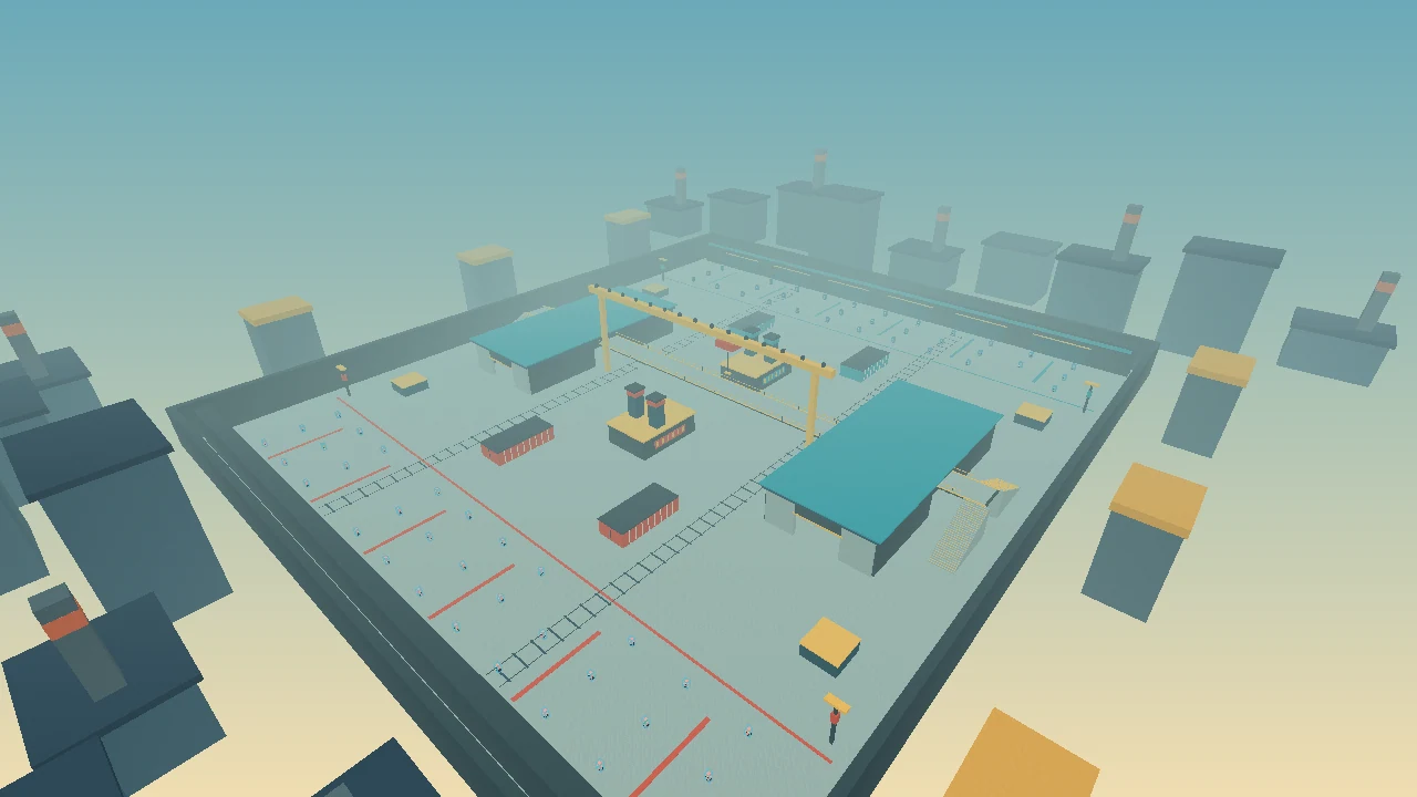 Early Ironworks overhead view with blue roofs, red warehouse walls and a yellow crane.