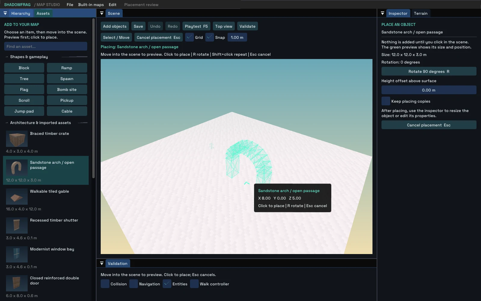 Map Studio showing a translucent turquoise sandstone arch placement preview on a clear floor.