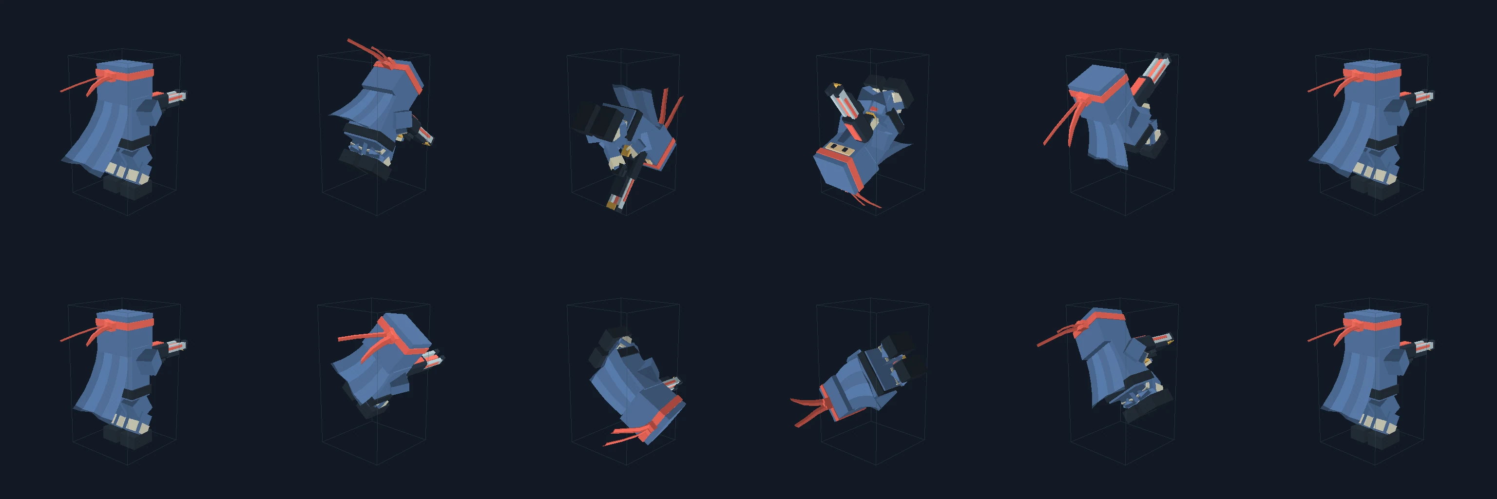 Two rows of six later ninja poses; forward and sideways double-jumps rotate the model and cape around the upright wireframe hull.