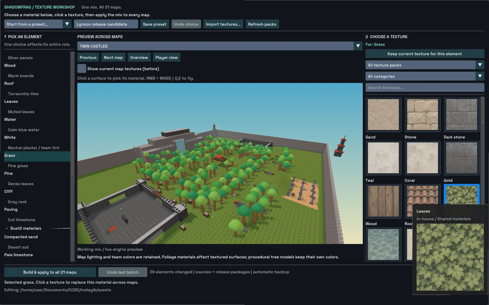 Texture workshop with imported Lynocs materials and a forest-arena map preview.