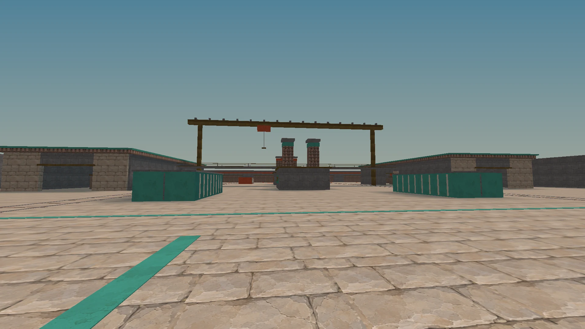 Ironworks approach before the quality pass, with stone paving and teal painted ground marks.