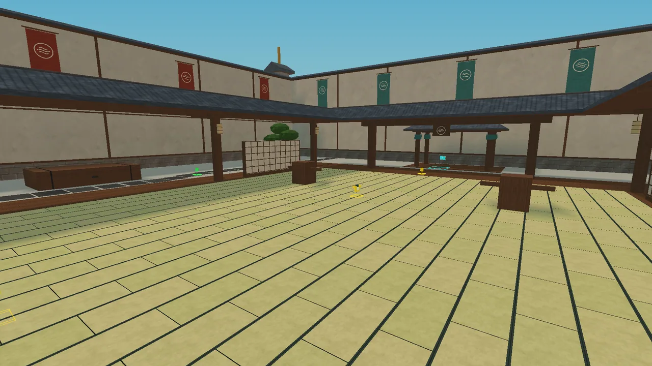 Dojo’s tatami court, shoji screens and covered gallery, captured in the SHADOWFRAG engine.