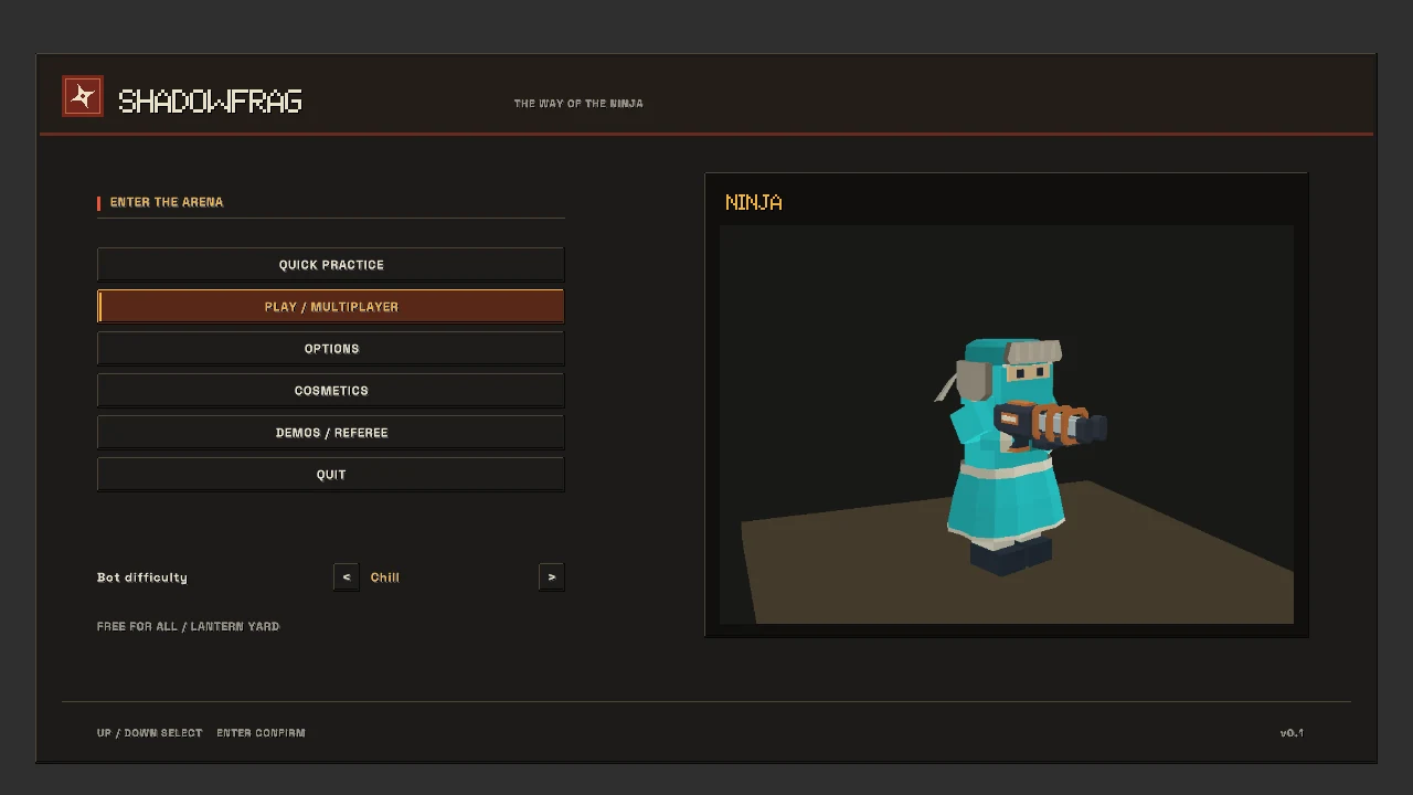 SHADOWFRAG play menu with gold accents, persistent settings navigation and a large ninja preview.