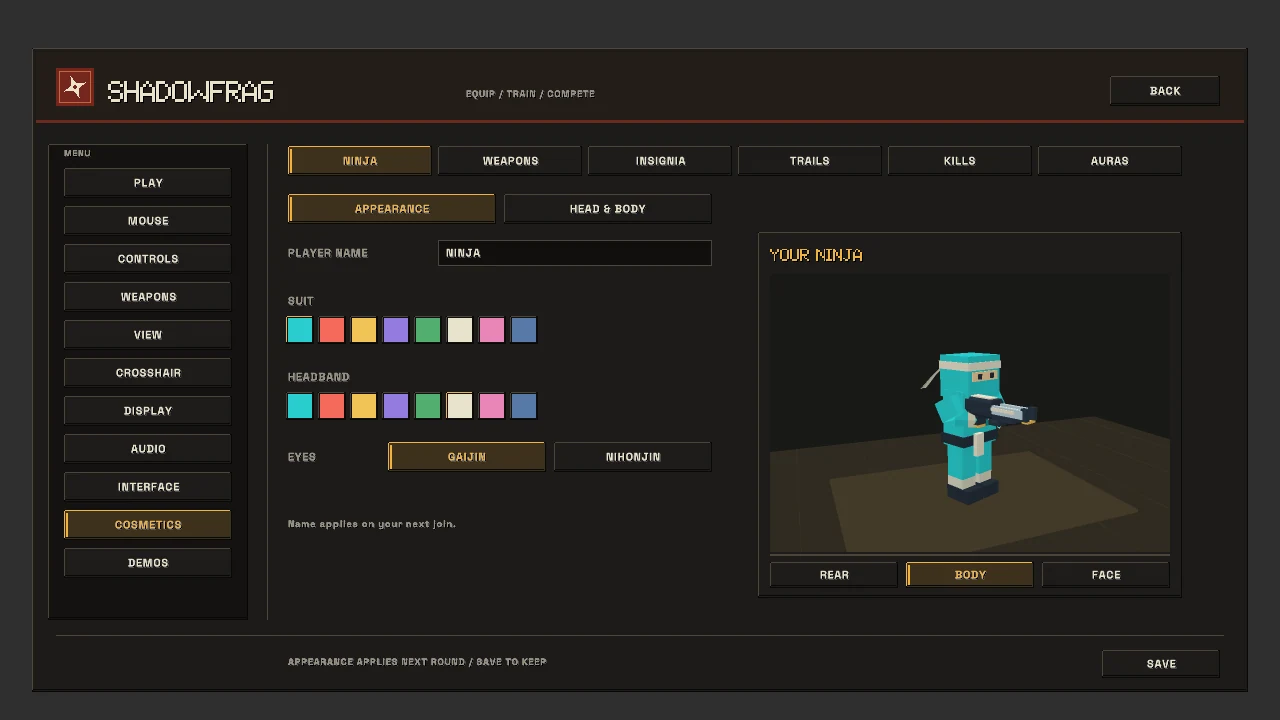 SHADOWFRAG appearance settings showing suit and headband colors beside a ninja preview.