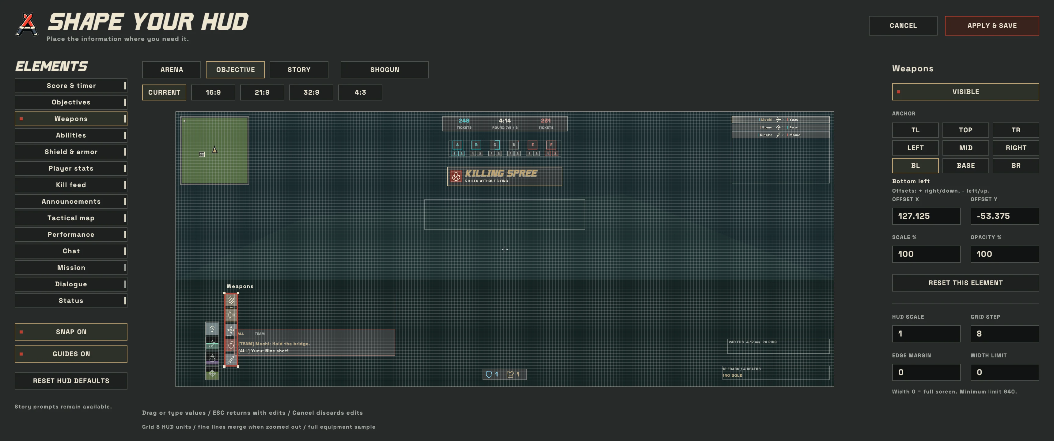 The native HUD editor positioning the weapon group in a Shogun layout.