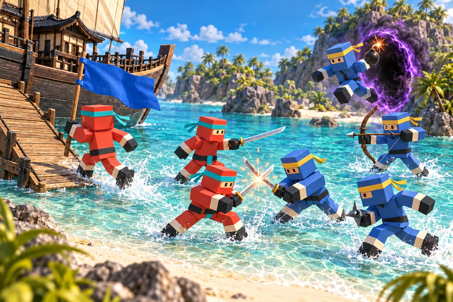 Seven red and blue SHADOWFRAG ninjas fighting over a blue flag beside a ship on a tropical shore