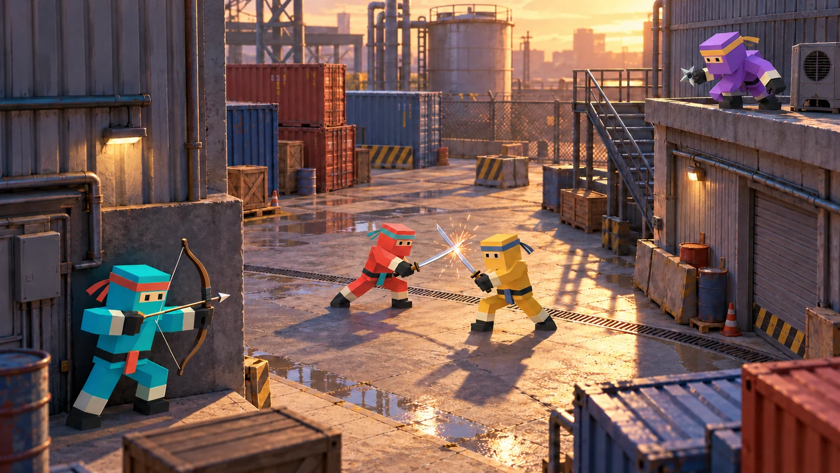 Four SHADOWFRAG ninjas fighting in an industrial yard at sunset