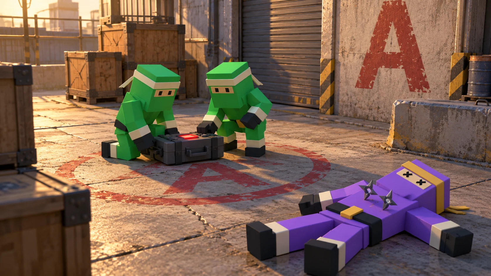 Two green SHADOWFRAG ninjas planting a device at Site A beside a fallen purple ninja