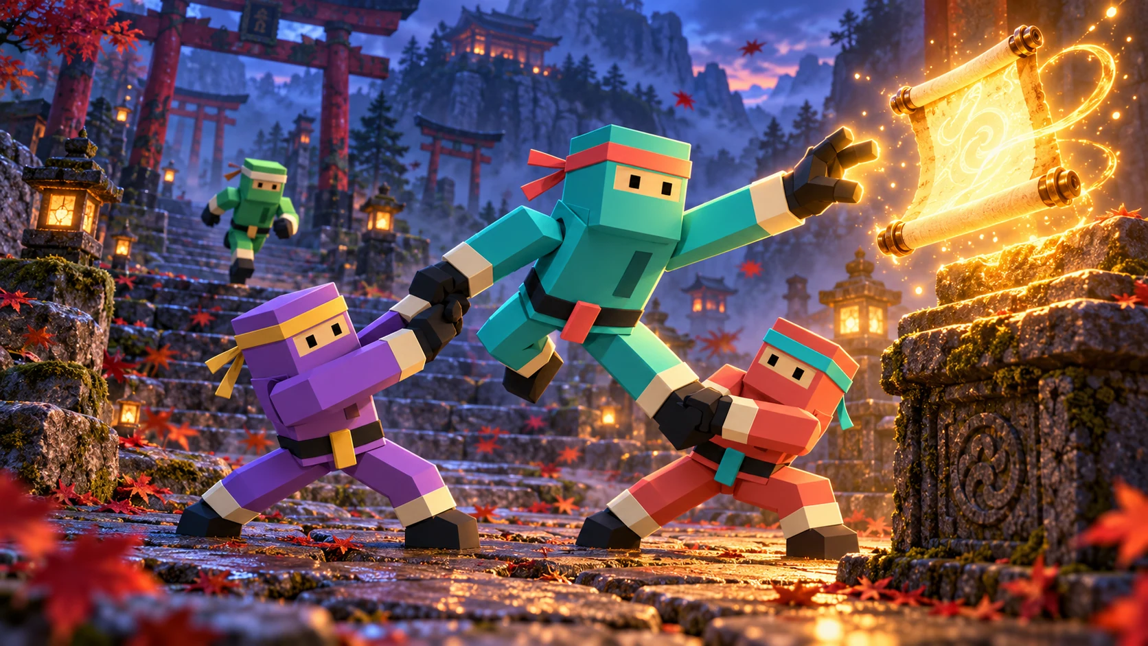 Four SHADOWFRAG ninjas competing for a glowing scroll on temple steps at dusk