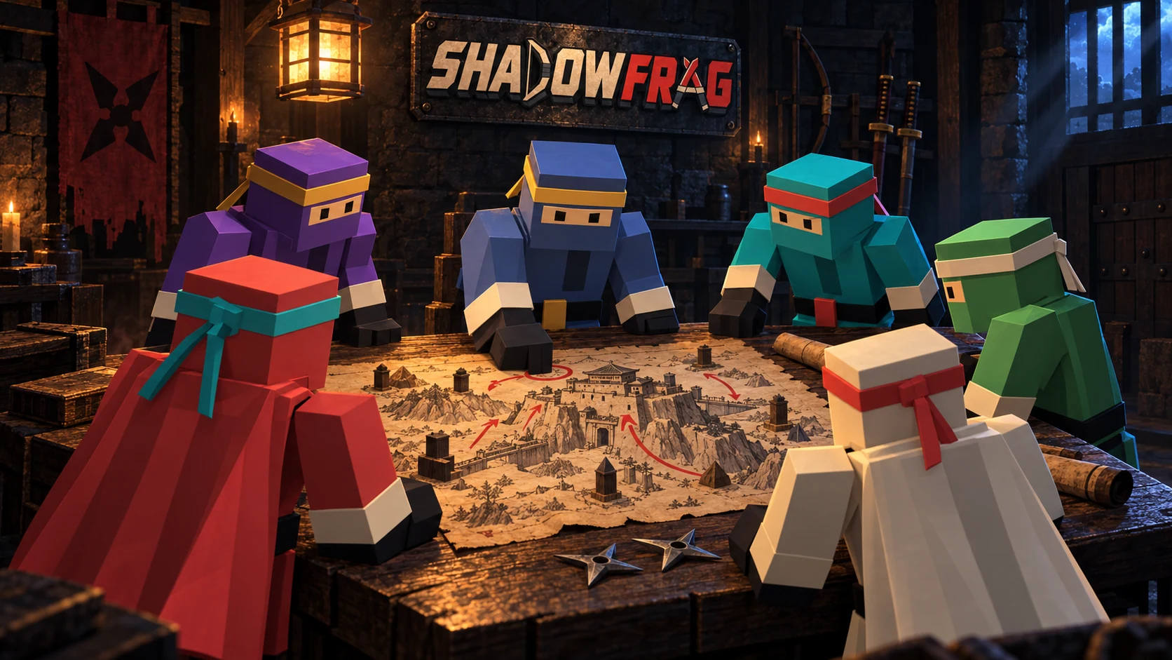 Six colorful SHADOWFRAG ninjas gathered around a map in a lantern-lit council room