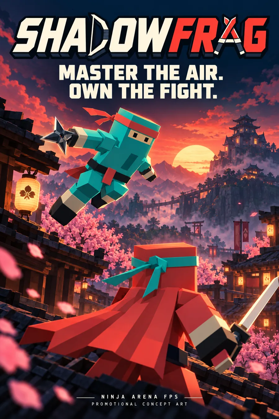 SHADOWFRAG key art poster: two colorful ninjas in a lantern-lit night scene
